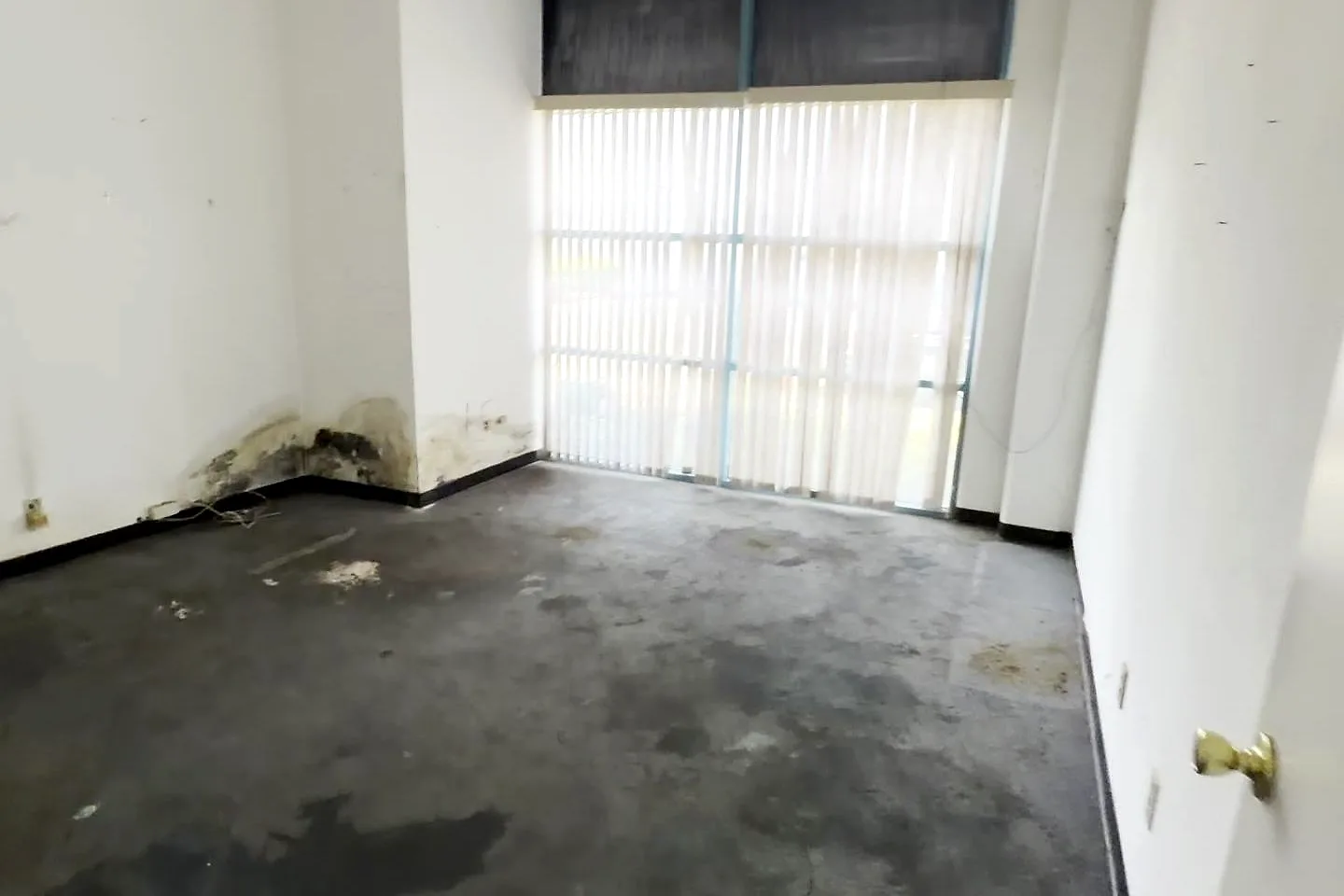 Empty office with bare walls, vertical blinds over a large window, and a clear floor after the lab pack